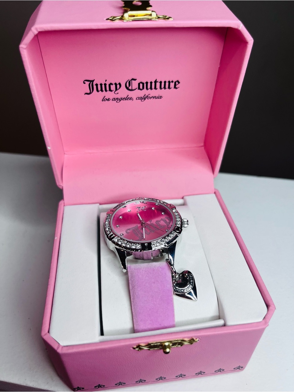 Juicy Couture Pink Crystal Bezel Women's Watch with Heart Charm